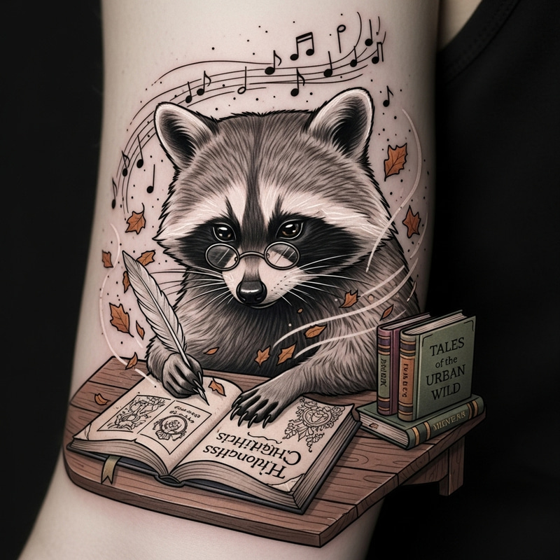 Creative Raccoon Writing a Book Tattoo Design Creative Raccoon Writing a Book Tattoo Design