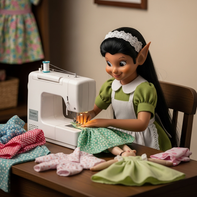 Enchanting Elf Seamstress Sewing Doll's Dress Enchanting Elf Seamstress Sewing Doll's Dress