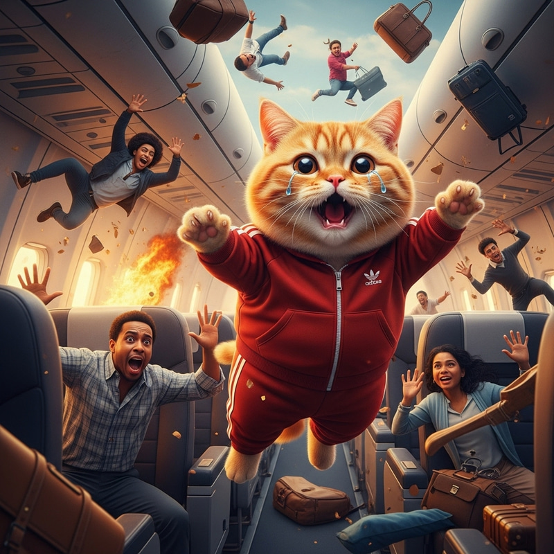 Realistic Cat in Red Tracksuit Falling from Airplane in Chaos Realistic Cat in Red Tracksuit Falling from Airplane in Chaos