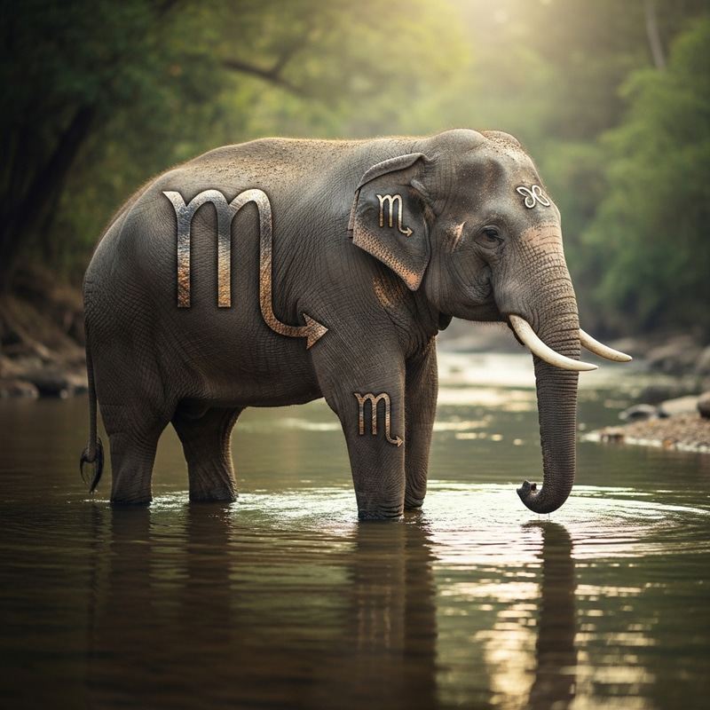 Calm Elephant with Scorpio Symbol and Tranquil Water Reflection Calm Elephant with Scorpio Symbol and Tranquil Water Reflection