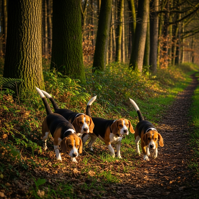 Four Beagle Dogs Hunting on Forest Edge Four Beagle Dogs Hunting on Forest Edge