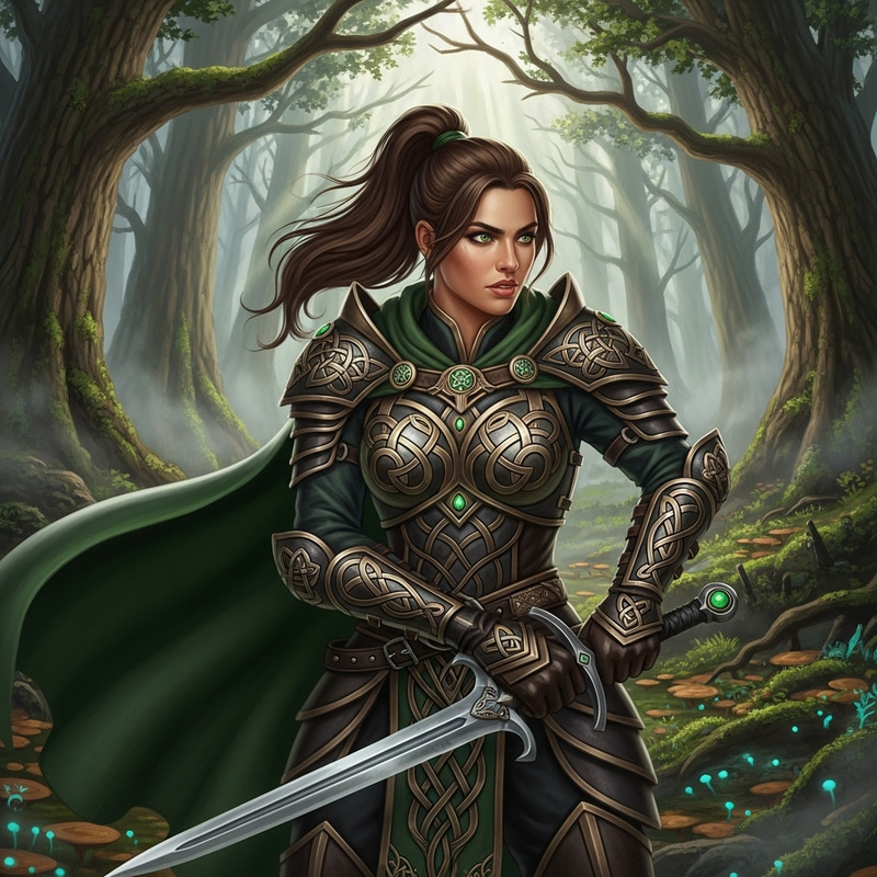 Fantasy Brunette with Green Eyes Holds Blade in Enchanted Woods