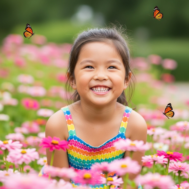 Smiling Girl with Sparkling Eyes in Colorful Sundress