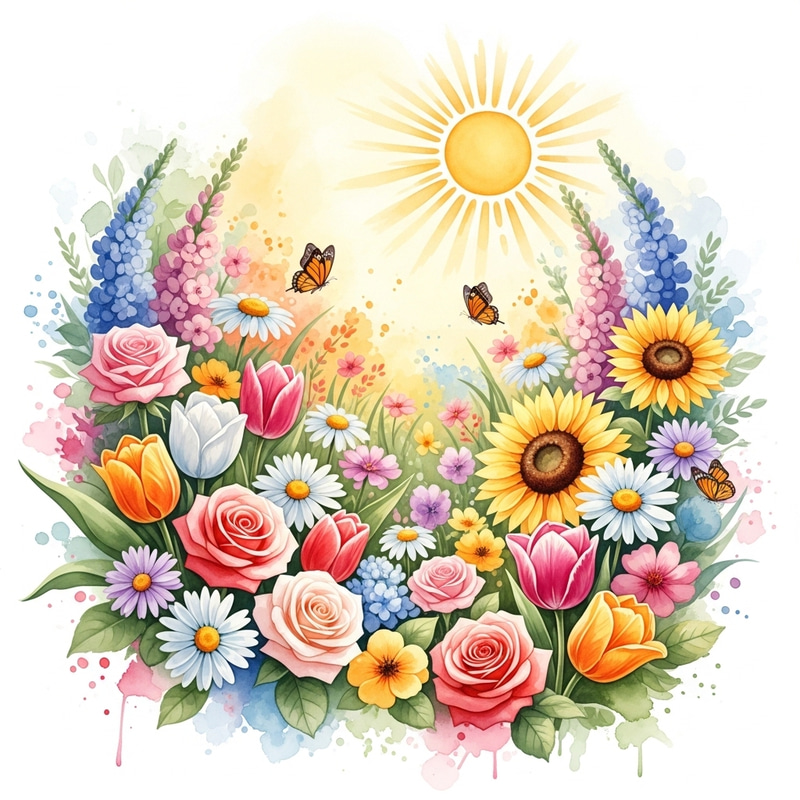 Enchanting Watercolor Garden with Diverse Blooming Flowers