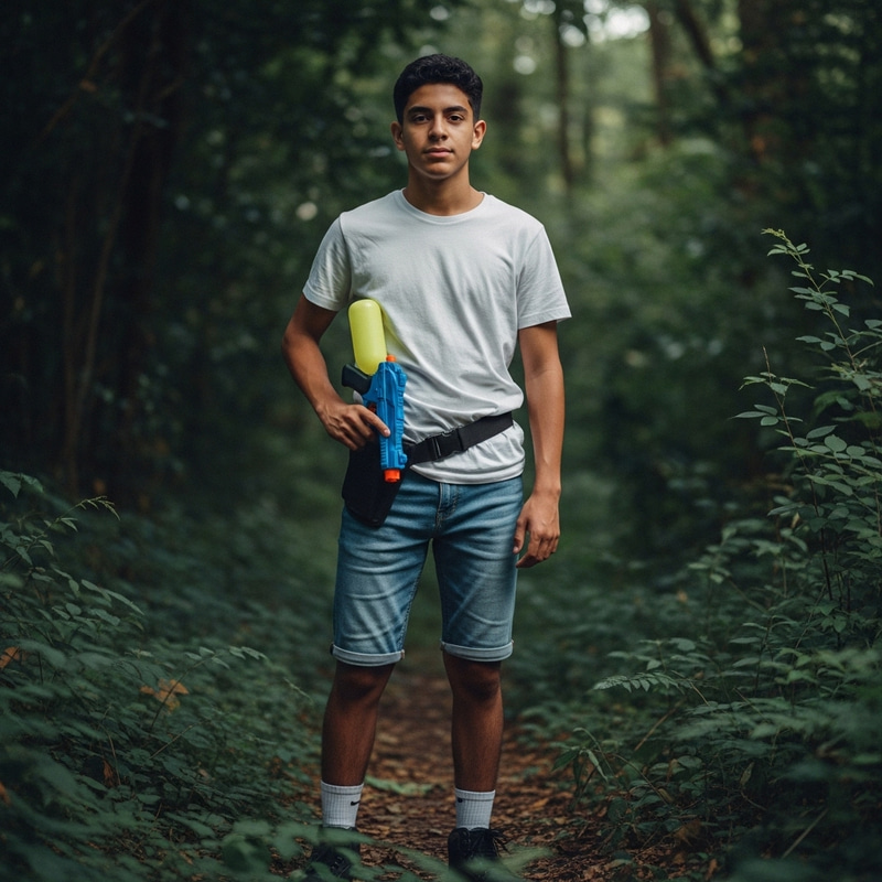 Confident Hispanic Teenager in Lush Forest with Water Pistol | Dramatic Artistry Confident Hispanic Teenager in Lush Forest with Water Pistol | Dramatic Artistry