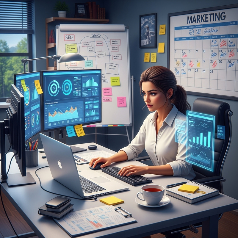 Digital Marketing Specialist at Work: Hyper-Realistic Scene Digital Marketing Specialist at Work: Hyper-Realistic Scene