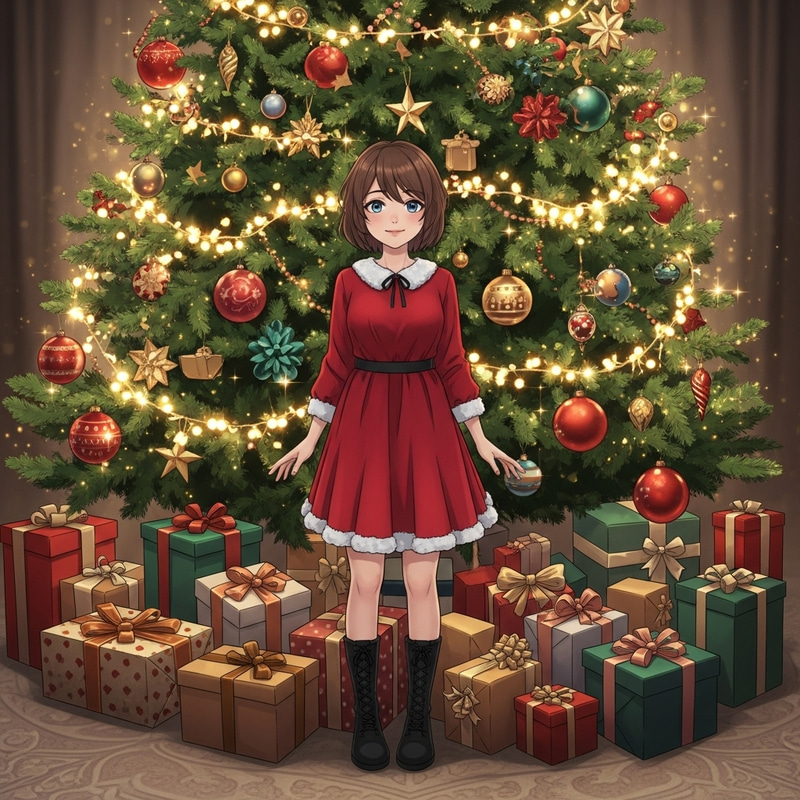 Festive Girl in Red Dress by Christmas Tree with Blue Eyes
