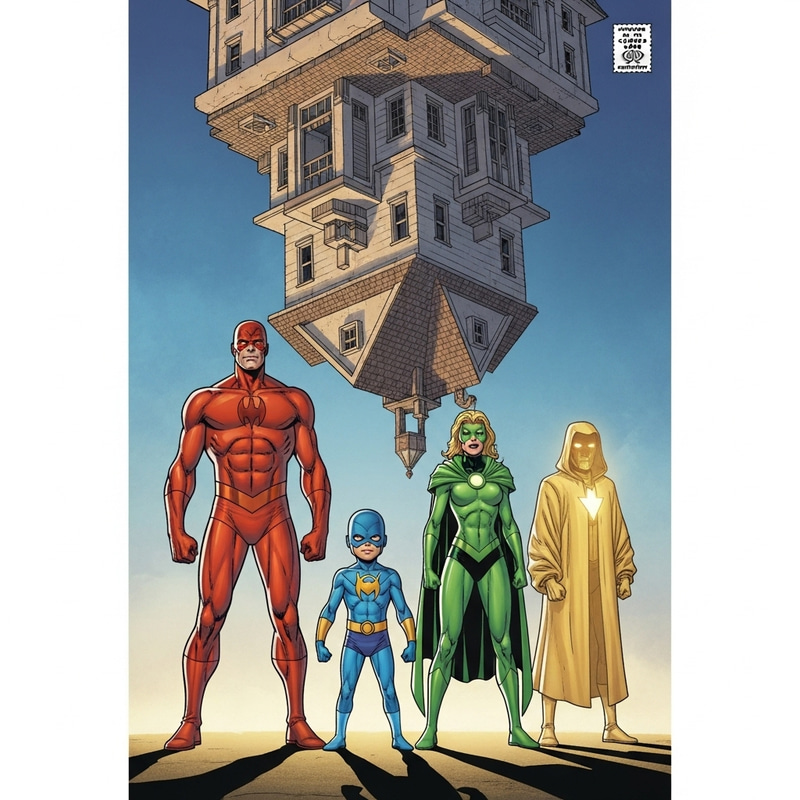 Colorful Comic Book Cover with Four Characters and an Upside-Down House Colorful Comic Book Cover with Four Characters and an Upside-Down House