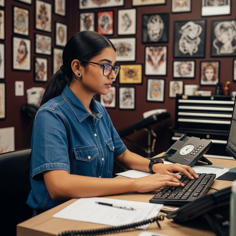 Young South Asian Girl Administrator in Tattoo Studio Young South Asian Girl Administrator in Tattoo Studio