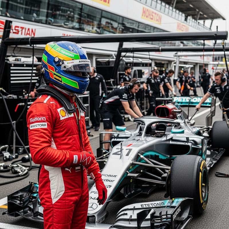 Lewis Hamilton: Black Race Car Driver in Red Suit with Striped Helmet Lewis Hamilton: Black Race Car Driver in Red Suit with Striped Helmet