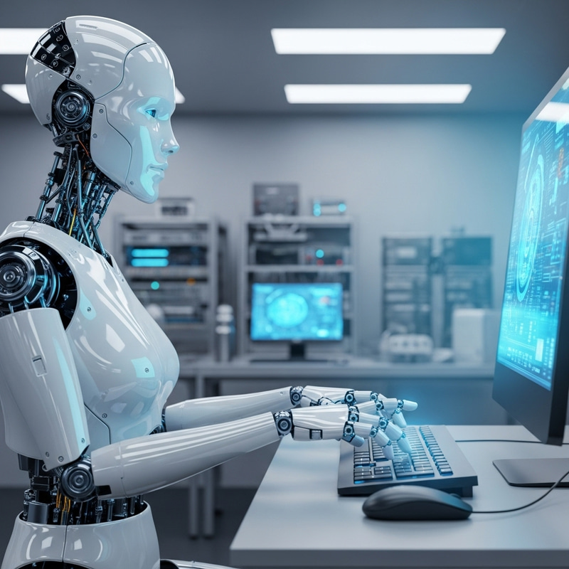 Futuristic Robot Using Computer - Advanced Technology Scene Futuristic Robot Using Computer - Advanced Technology Scene