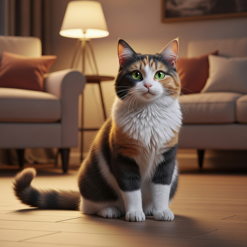 Fluffy Domestic Cat with Vibrant Green Eyes