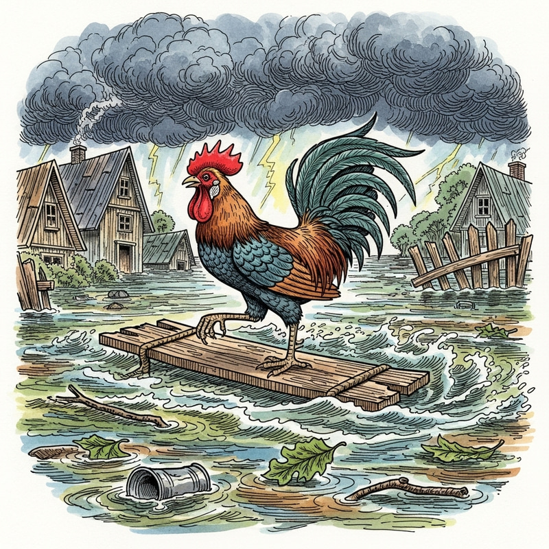 Disney Style Rooster Floating on Wood in Flooded Storm