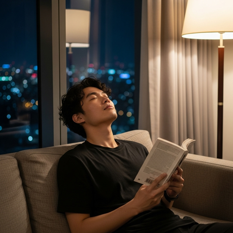 BTS Jeon Jungkook Relaxes with Book on Sofa in City Lights