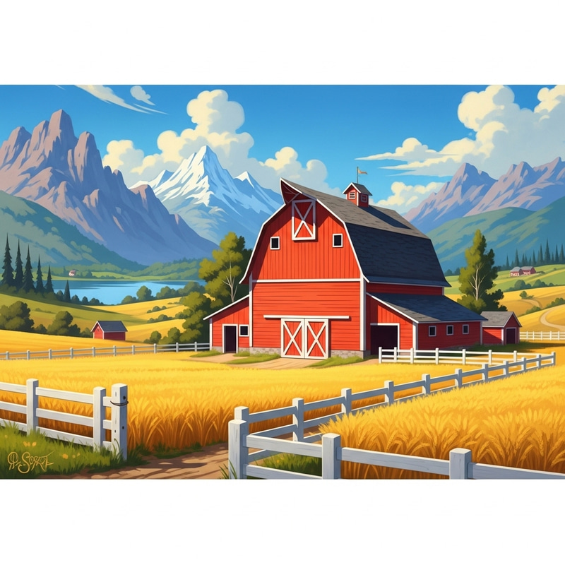 Whimsical Pop Art of a Red Barn Surrounded by Mountains, Lake, and Wheat Field Whimsical Pop Art of a Red Barn Surrounded by Mountains, Lake, and Wheat Field