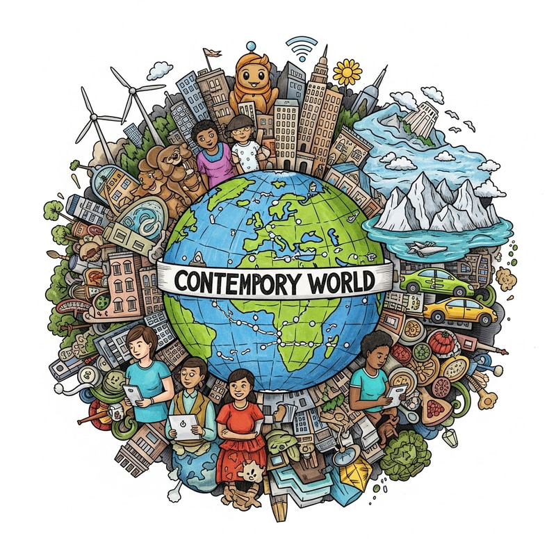 Hand-drawn Contemporary World: Globalization, Technology & Diversity