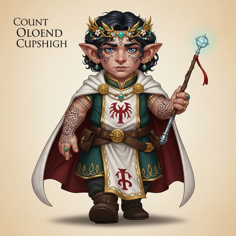 Appearance of Count Oloend Cupshigh, Halfling Noble in Dungeons & Dragons Style Appearance of Count Oloend Cupshigh, Halfling Noble in Dungeons & Dragons Style