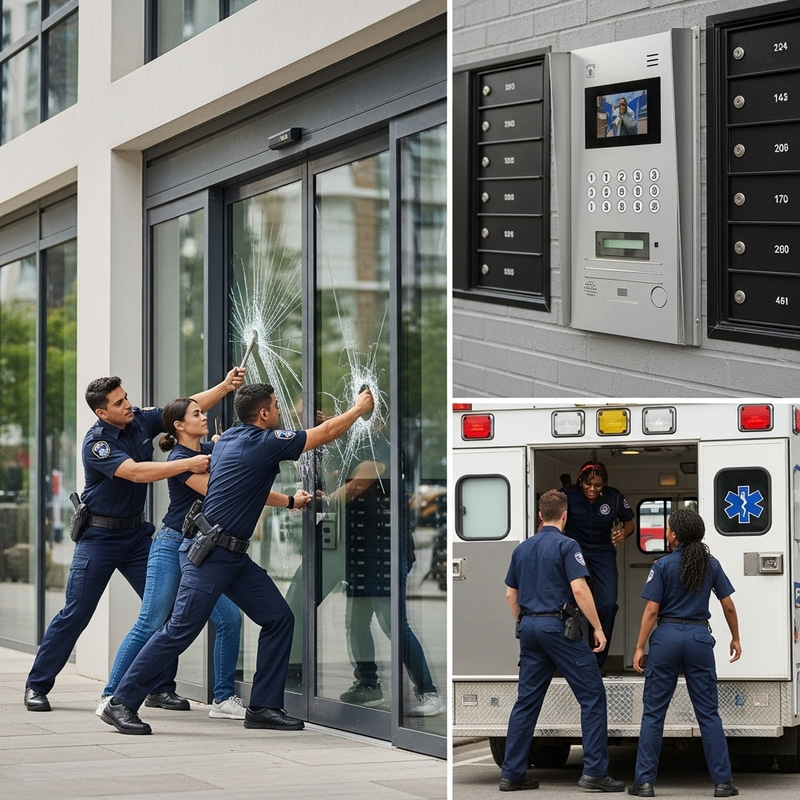 Emergency Response Scenario at Modern Building Entrance Emergency Response Scenario at Modern Building Entrance