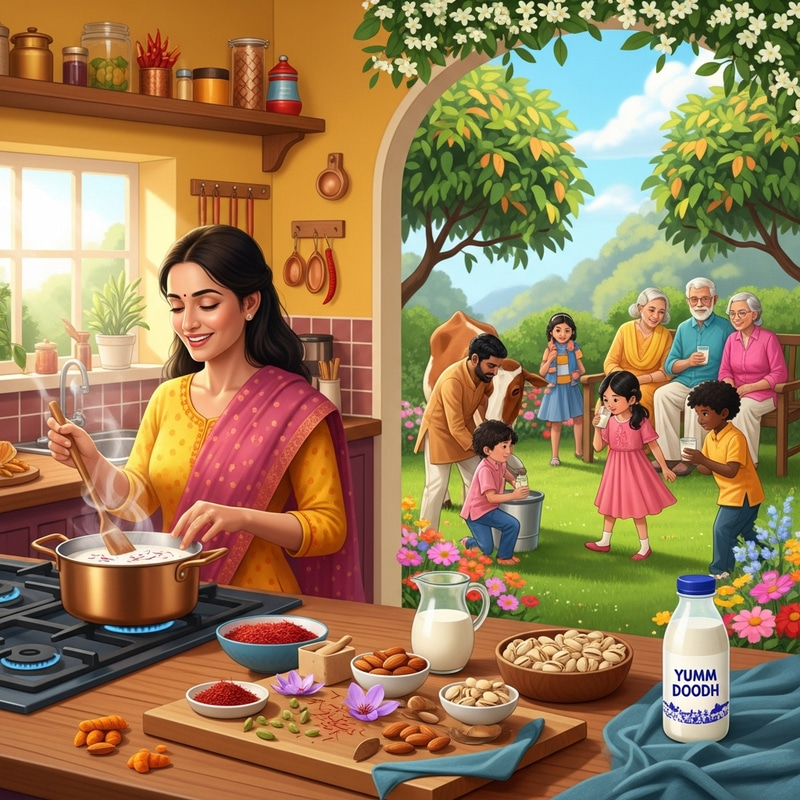 Traditional Indian Kitchen: Colors, Kids Playing, Saffron Milk Recipe