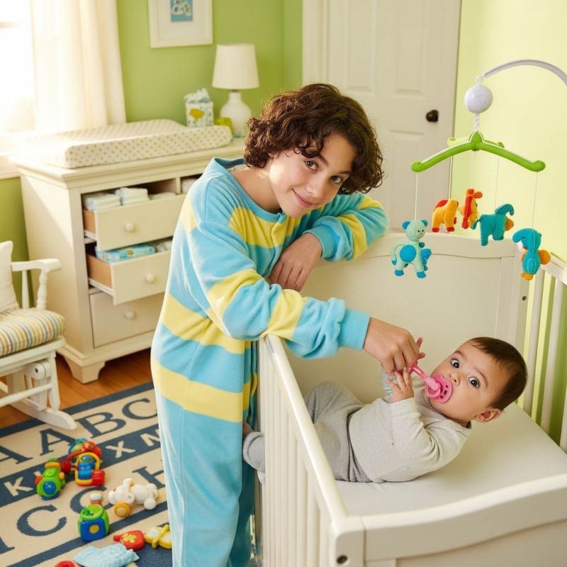 Curious Boy Stealing Pacifier from Baby Brother | Nursery Room Scene Curious Boy Stealing Pacifier from Baby Brother | Nursery Room Scene