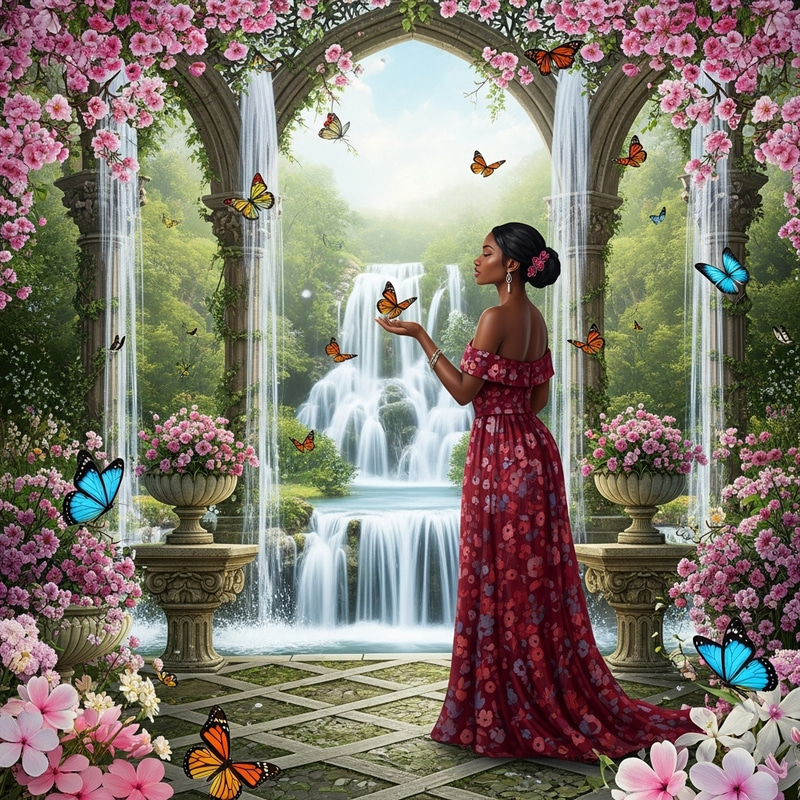 Elegant Black Woman in a Flower Garden with Waterfalls Elegant Black Woman in a Flower Garden with Waterfalls