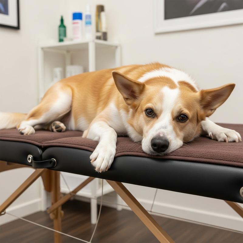 Miniature Dog Painted on Massage Table: Candid Moment