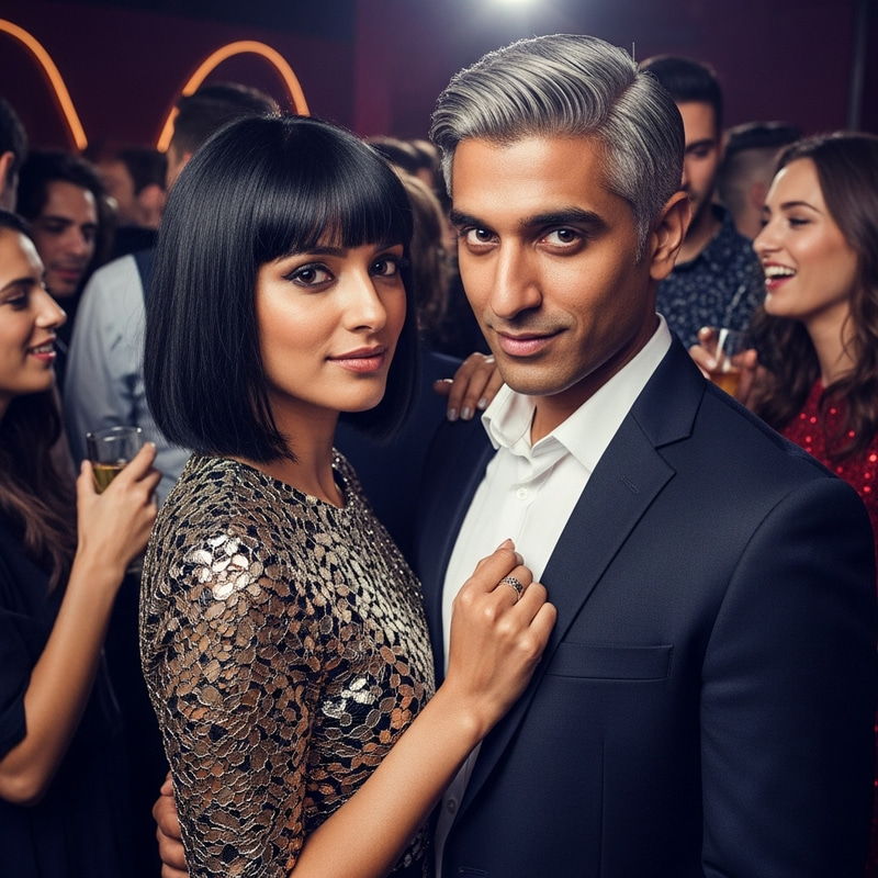 Stylish Black Hair Couple Smirking at Festive Party Stylish Black Hair Couple Smirking at Festive Party