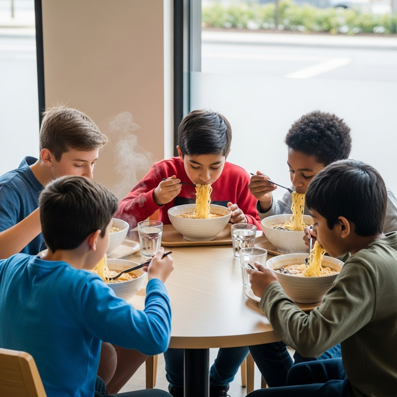Vibrant Youths Enjoying Ramen at a Casual Dining Scene Vibrant Youths Enjoying Ramen at a Casual Dining Scene