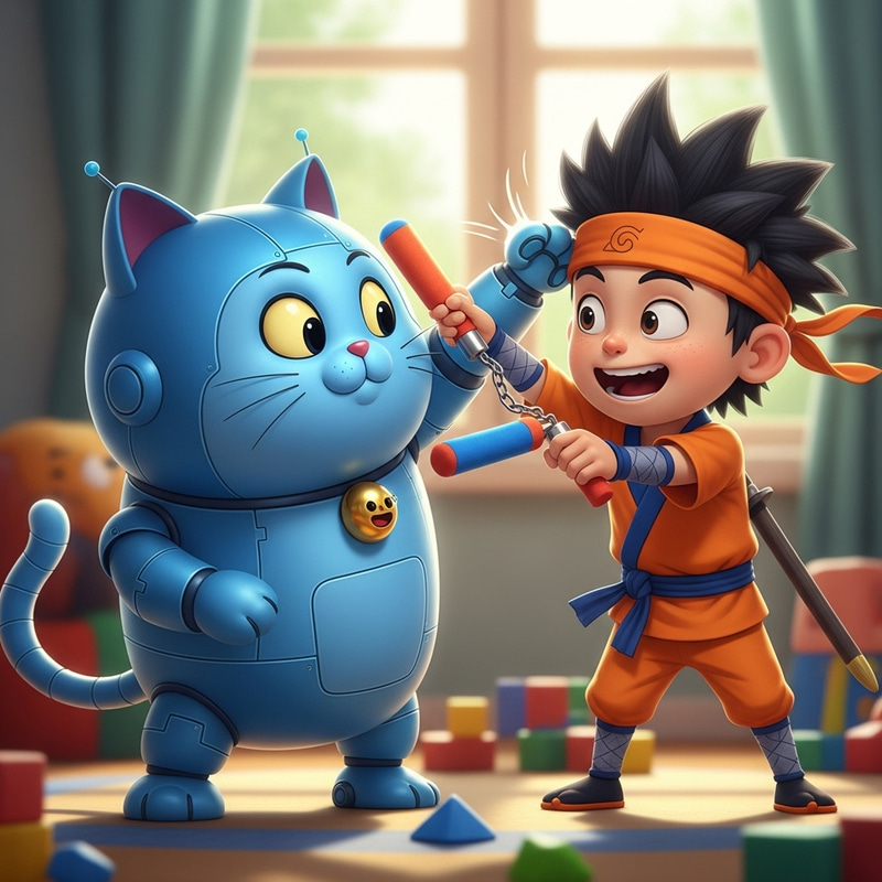 Doraemon and Naruto Playful Fight: Chubby Robot Cat vs. Ninja Boy Doraemon and Naruto Playful Fight: Chubby Robot Cat vs. Ninja Boy