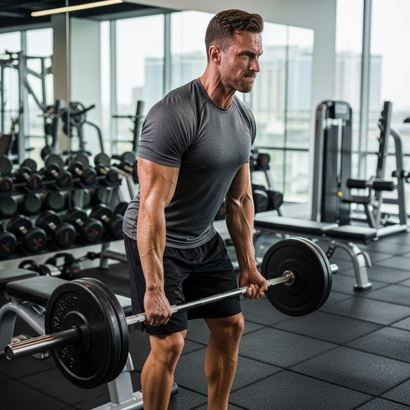 Muscular Caucasian Man Lifting Weights in a Gym