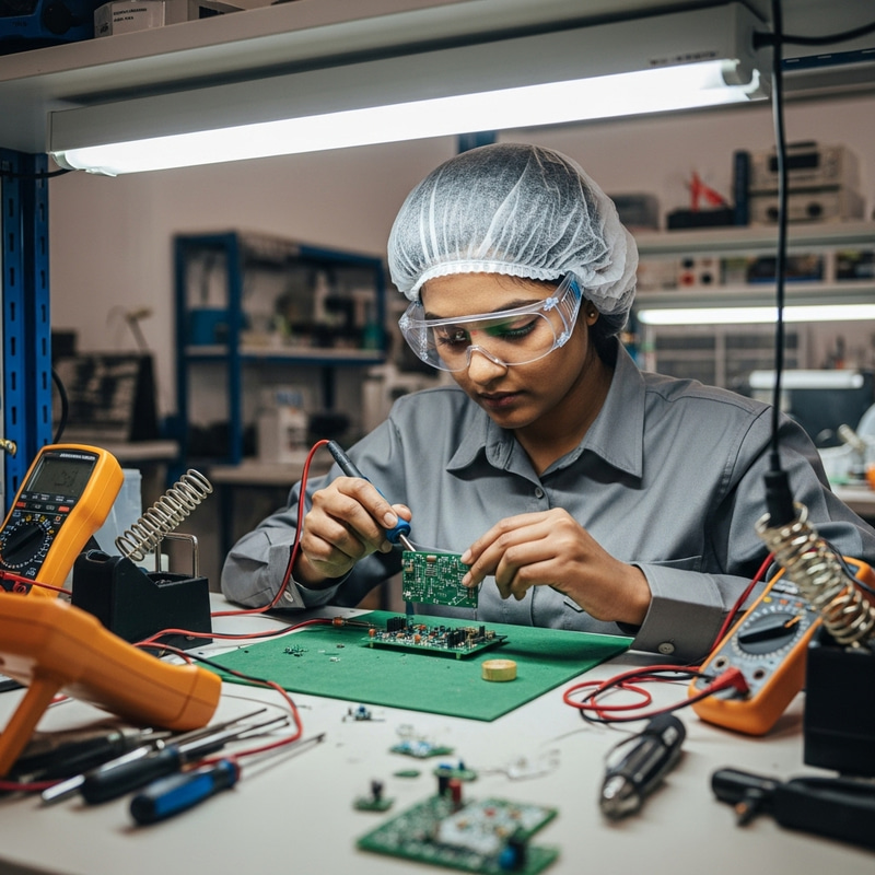 South Asian Woman Assembling Tiny Circuit Board in Workshop South Asian Woman Assembling Tiny Circuit Board in Workshop