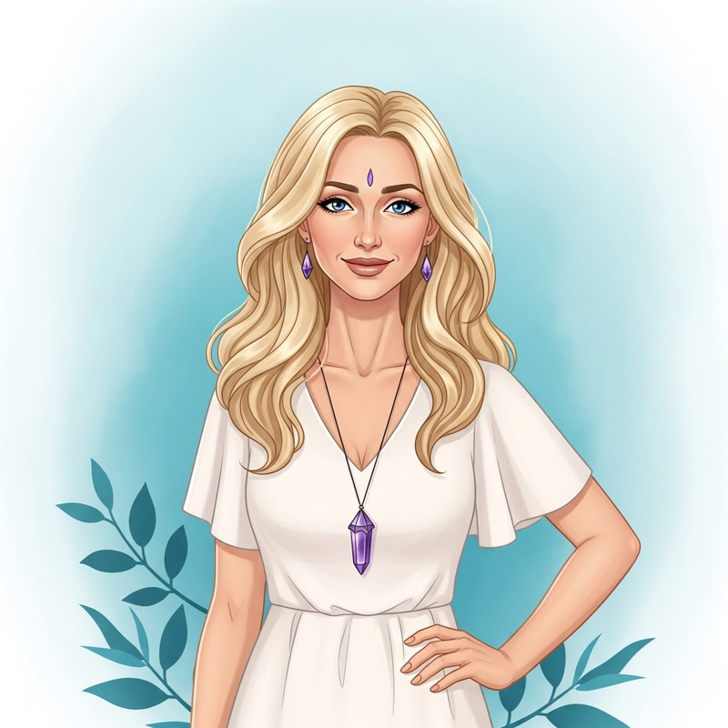 Elegant Blonde Woman with Blue Eyes, Friendly Smile, and White Dress