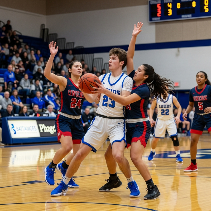 Exciting College Basketball Scene | Intense Matchup on Wooden Court Exciting College Basketball Scene | Intense Matchup on Wooden Court