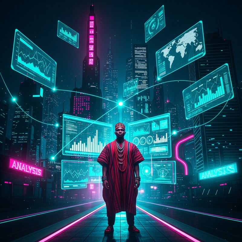 Futuristic Data Analysis in Cyberpunk Cityscape | African Cultural Fusion Futuristic Data Analysis in Cyberpunk Cityscape | African Cultural Fusion