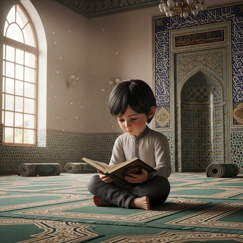3D Elementary School Child Reading Quran in Mosque 3D Elementary School Child Reading Quran in Mosque