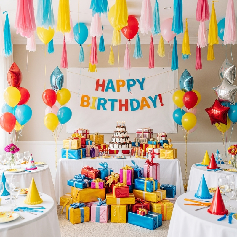 Colorful Birthday Celebration with Cake and Balloons - Happy Birthday Scene