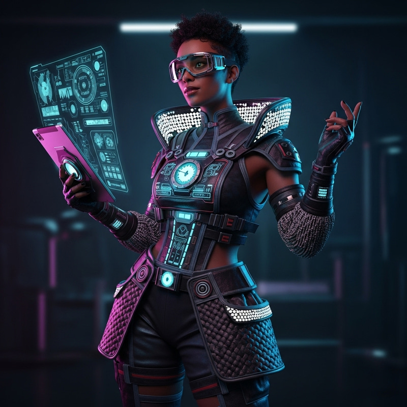 Futuristic Black Woman in Cyberpunk Scientist Outfit Futuristic Black Woman in Cyberpunk Scientist Outfit