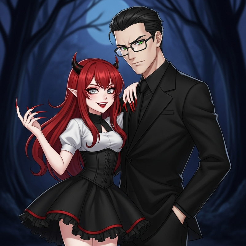 Fiery Demon and Stern Man in Night Forest | Fantasy Illustration Fiery Demon and Stern Man in Night Forest | Fantasy Illustration