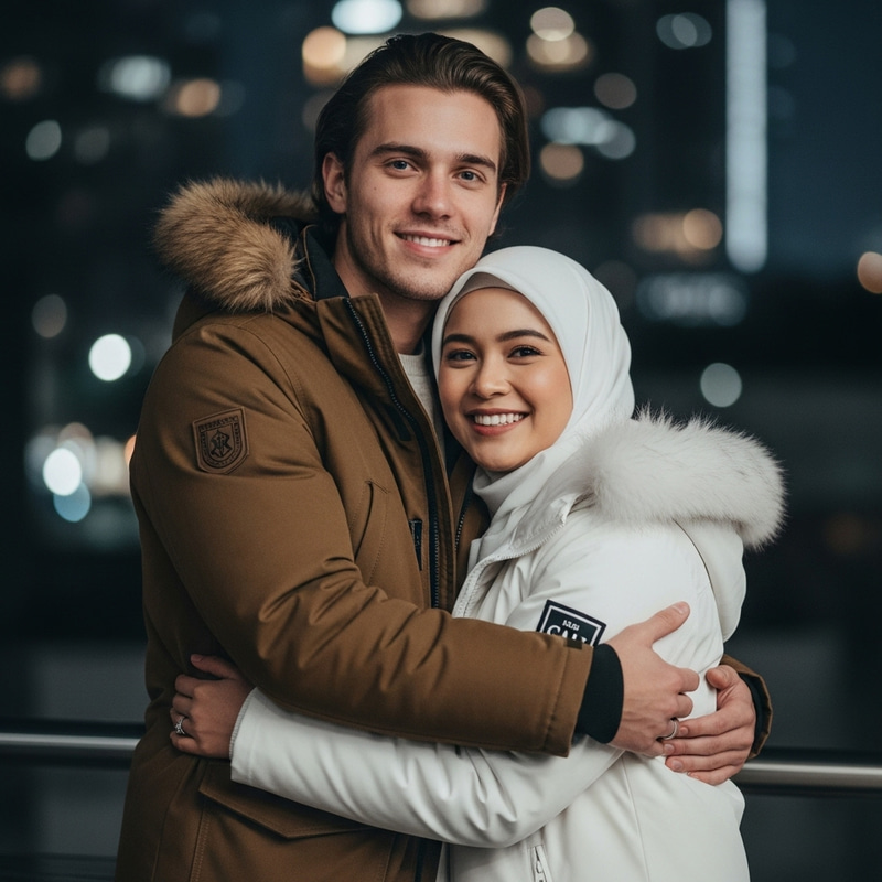 Photorealistic Portrait: Indonesian Couple Embracing in Urban Night Scene Photorealistic Portrait: Indonesian Couple Embracing in Urban Night Scene