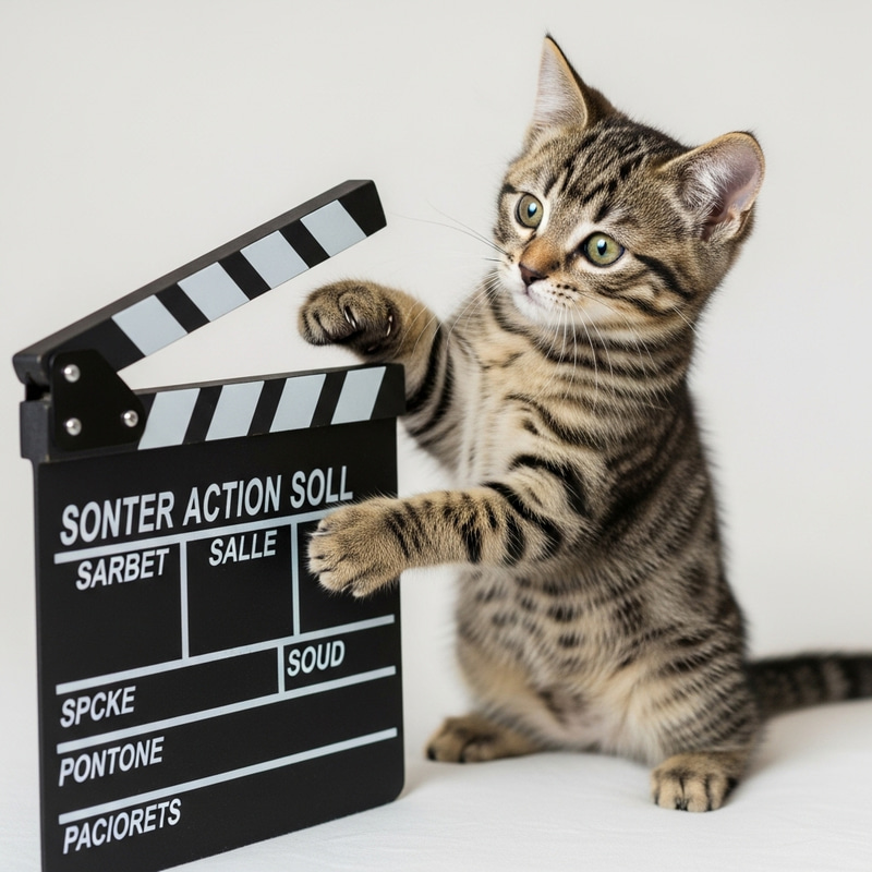 Adorable Tabby Cat Playfully Interacts with Movie Clapperboard