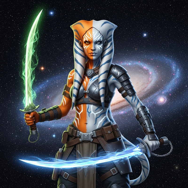 Ahsoka Tano - Alien Warrior Woman with Glowing Swords