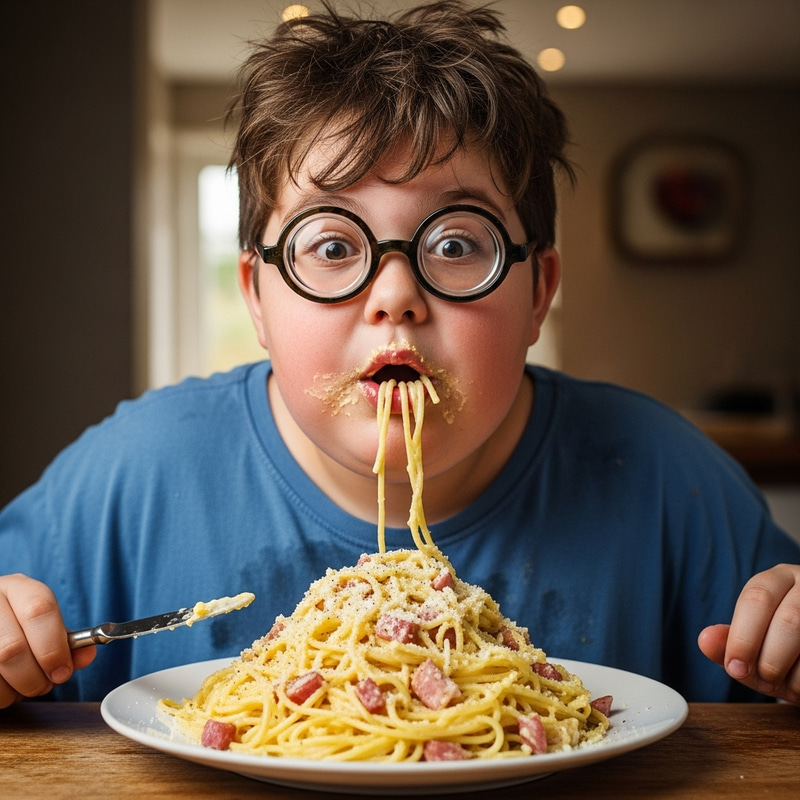 Chubby Boy with Nerd Glasses Enjoying Carbonara Chubby Boy with Nerd Glasses Enjoying Carbonara
