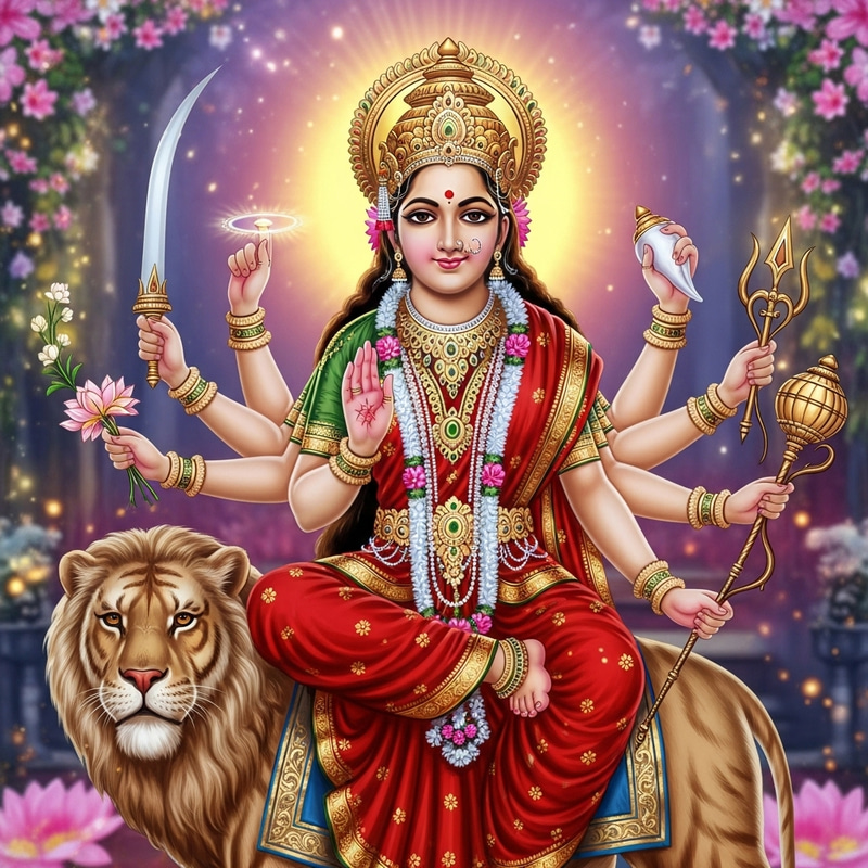 Detailed Depiction of Hindu Goddess Durga: Eight-Armed Deity on Lion/Tiger Detailed Depiction of Hindu Goddess Durga: Eight-Armed Deity on Lion/Tiger