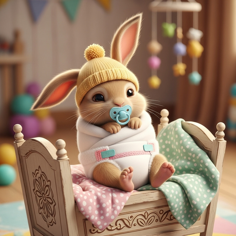 Cute Newborn Baby Bunny in Diapers on Cradle with Baby Hat and Pacifier Cute Newborn Baby Bunny in Diapers on Cradle with Baby Hat and Pacifier