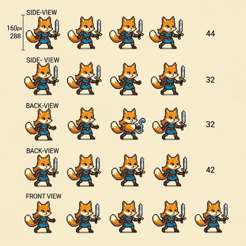 D&D Foxgirl Pixel Art Sprite Sheet: Frames for Side-View, Back-View & Front-View D&D Foxgirl Pixel Art Sprite Sheet: Frames for Side-View, Back-View & Front-View