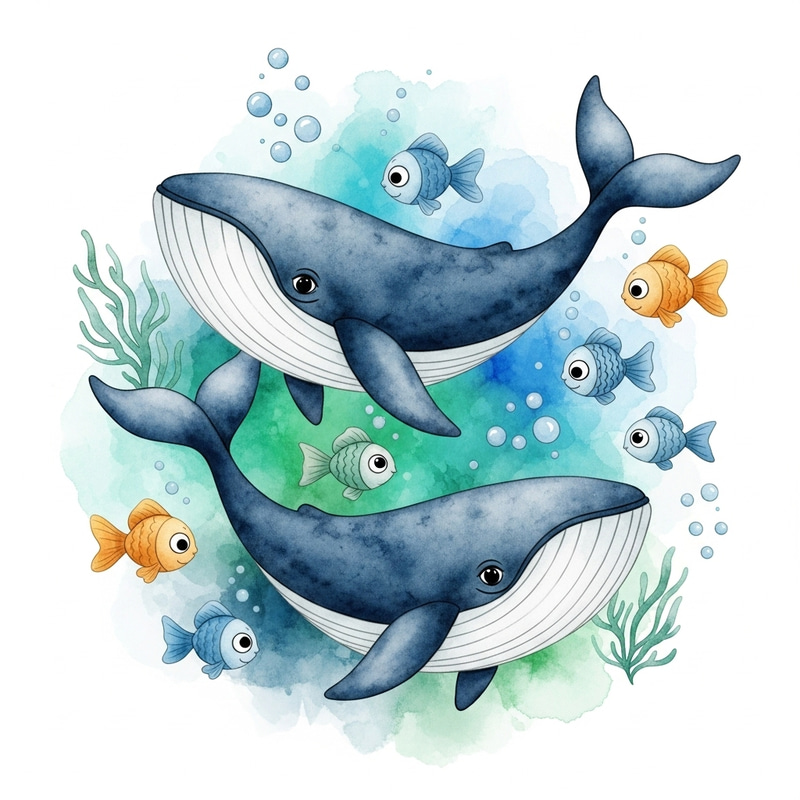 Watercolor Nursery Whales and Fish Art | Kids Room Decor