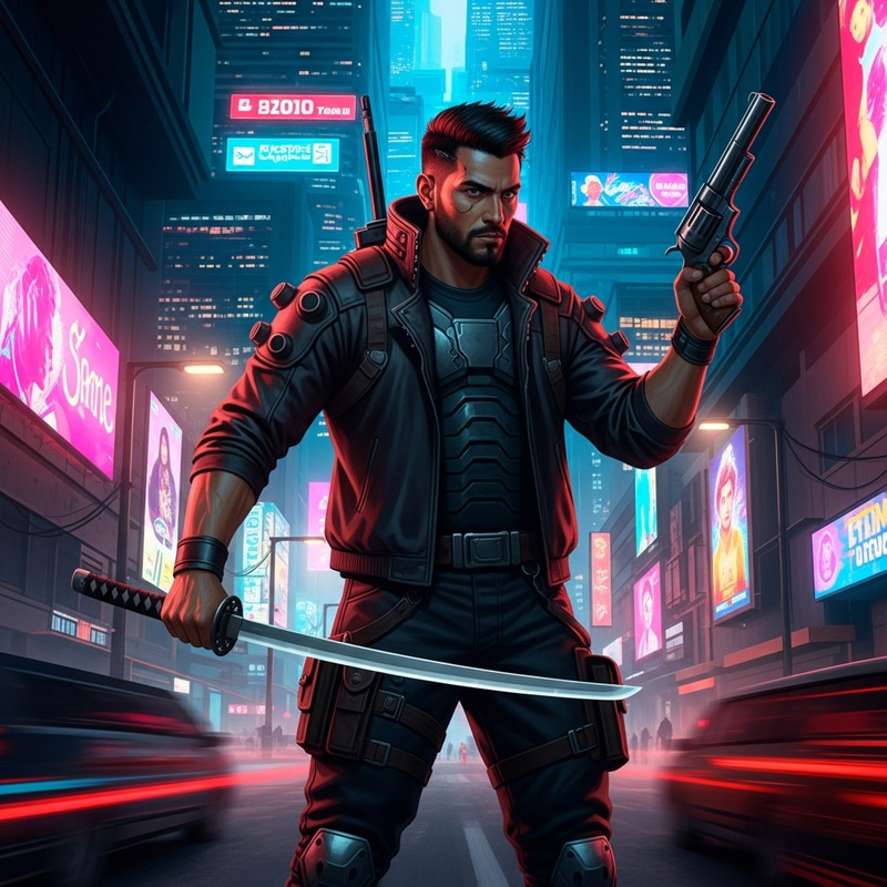 Hispanic Mercenary in Vibrant Cyberpunk City | Skilled Warrior