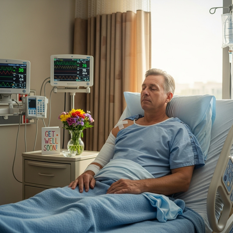 Tranquil Recovery: Middle-aged Man Resting in Hospital After Shoulder Arthroscopy