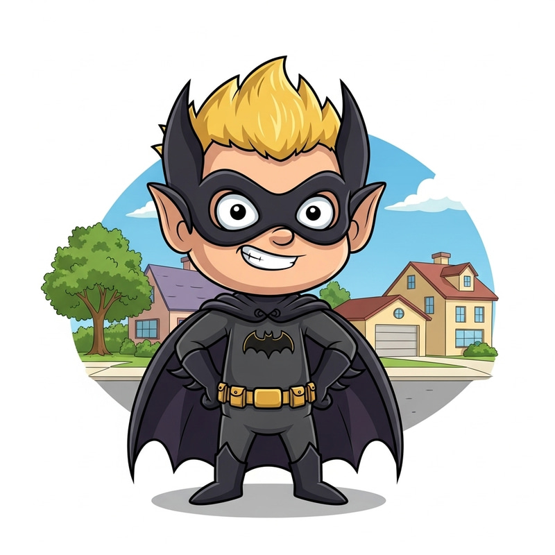 Bart Simpson as Batman - Young Boy Cosplay in Heroic Pose Bart Simpson as Batman - Young Boy Cosplay in Heroic Pose