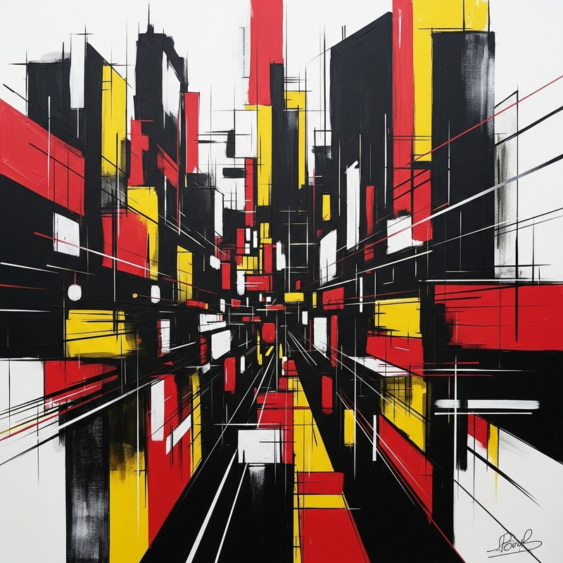 Vibrant City Energy: Abstract Geometric Art in Red, Yellow & Black